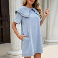 Fashion cross-border foreign trade  new arrival fungus edge large lapel short sleeve side flap pocket pants washed denim dress