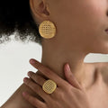 Wholesale retro ring sets, cross-border niche design geometric hollow jewelry, heavily crafted round bead metal stud earrings for women