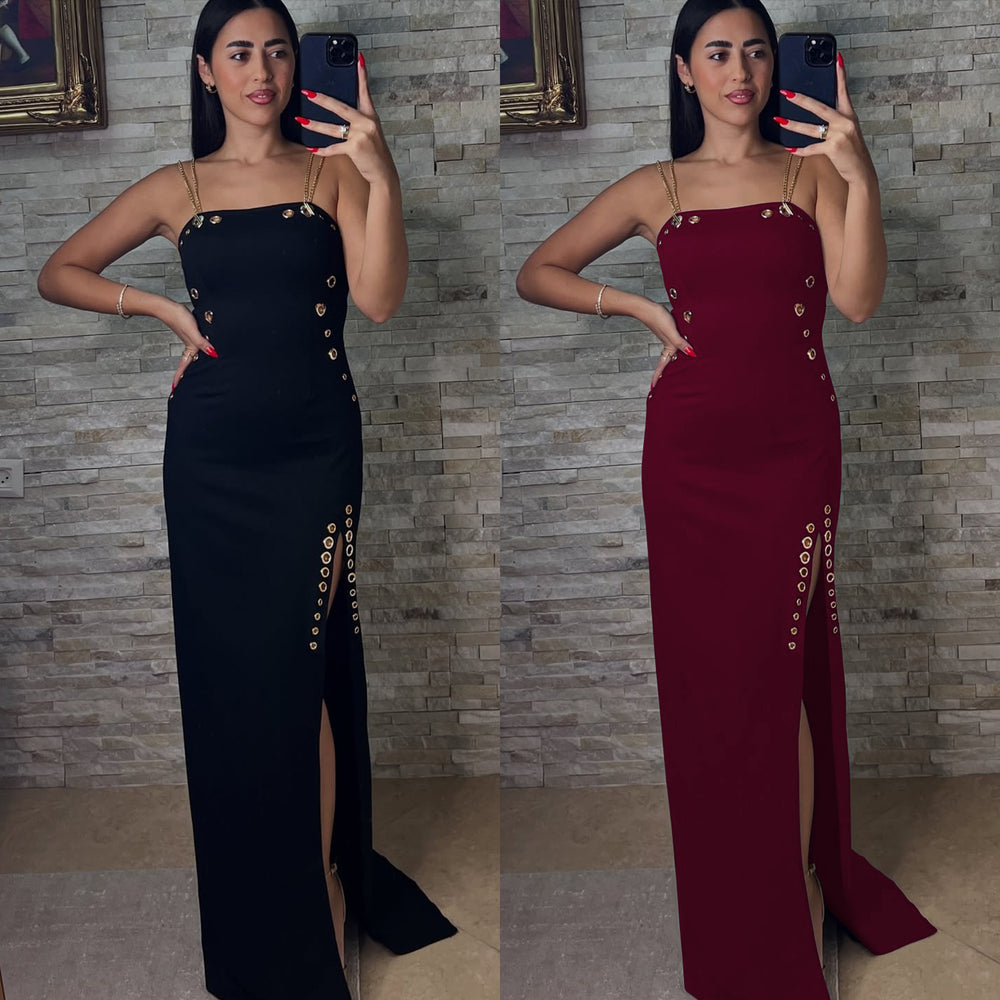 C7522 cross-border   fashion women's elegant gold chain sexy spaghetti strap slit dress
