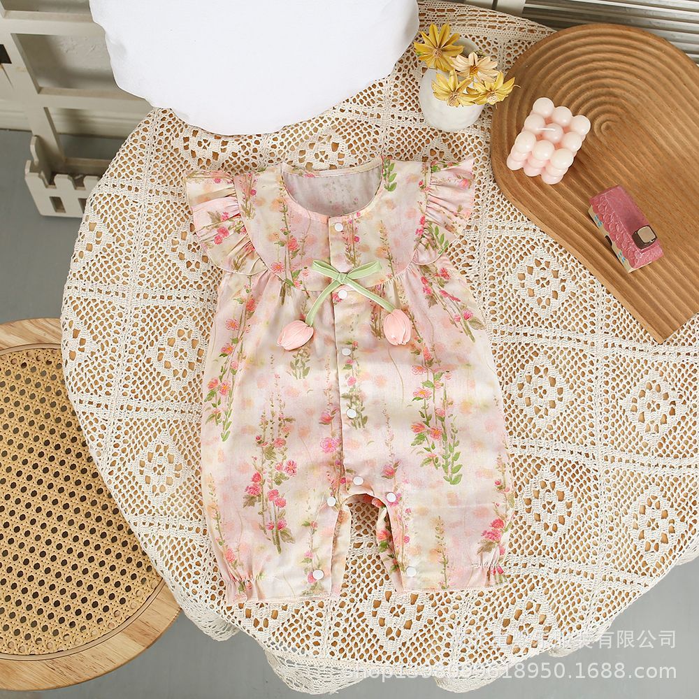 summer tulip 3d floral romper - lightweight, stylish, and perfect for baby girls' outdoor adventures