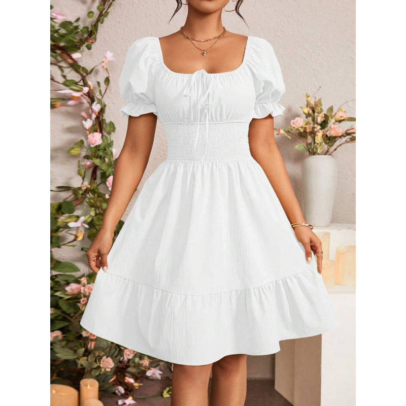 fashion  summer new arrivalelegantrufflespure color puff sleeve square neck shortdress
