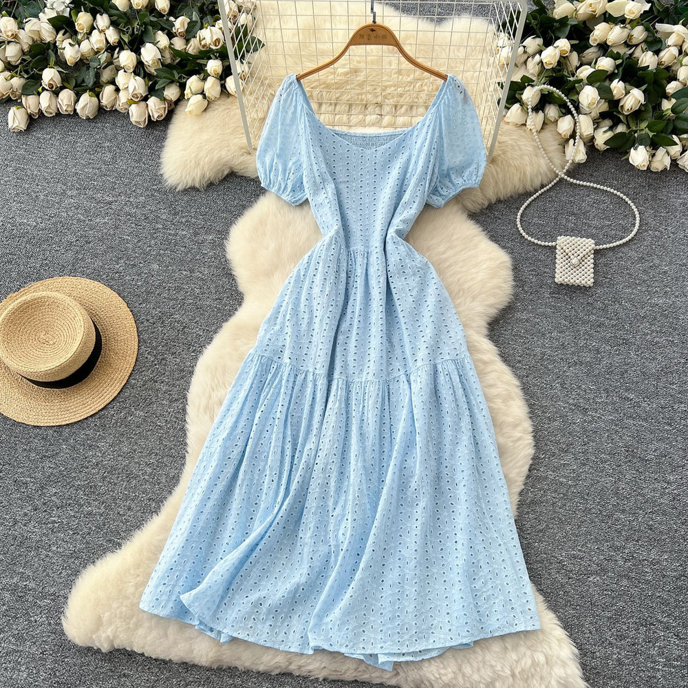 French chic embroidered cutout square neck puff sleeve dress - women's slimming, figure-flattering, elegant vacation maxi dress