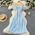 French chic embroidered cutout square neck puff sleeve dress - women's slimming, figure-flattering, elegant vacation maxi dress