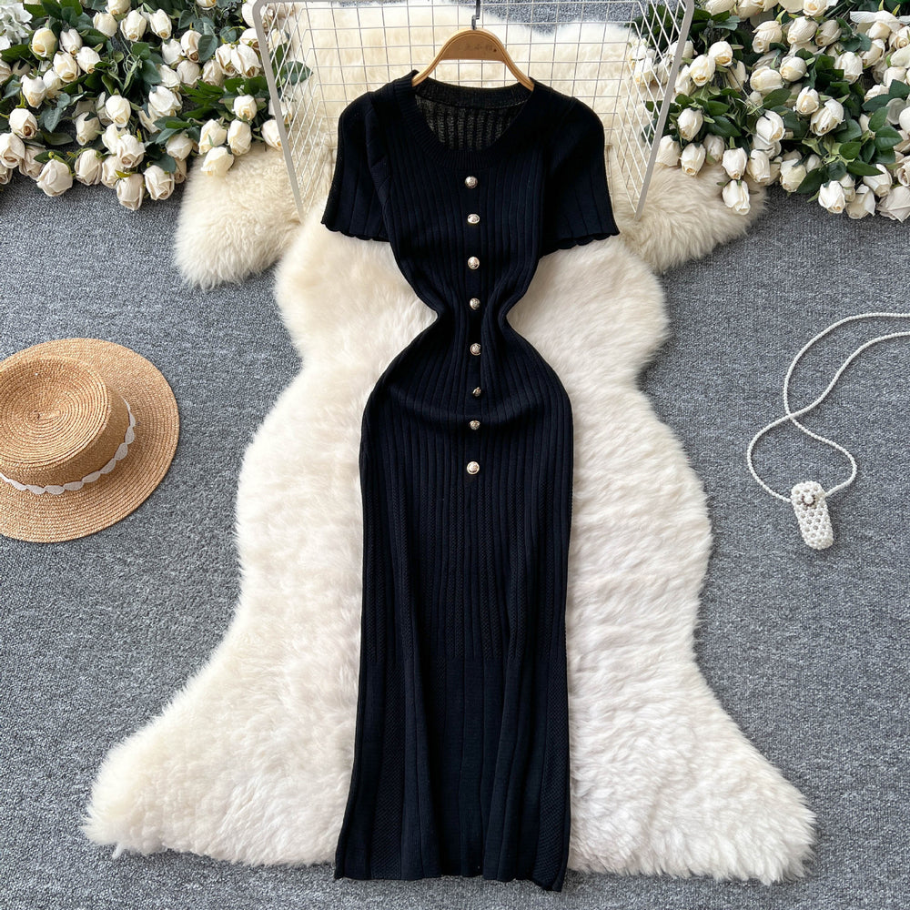 Xiaoxiangfeng fashionablefashionable metal buckle silm short-sleeved knittingdress female summerfrench waist sweater skirt
