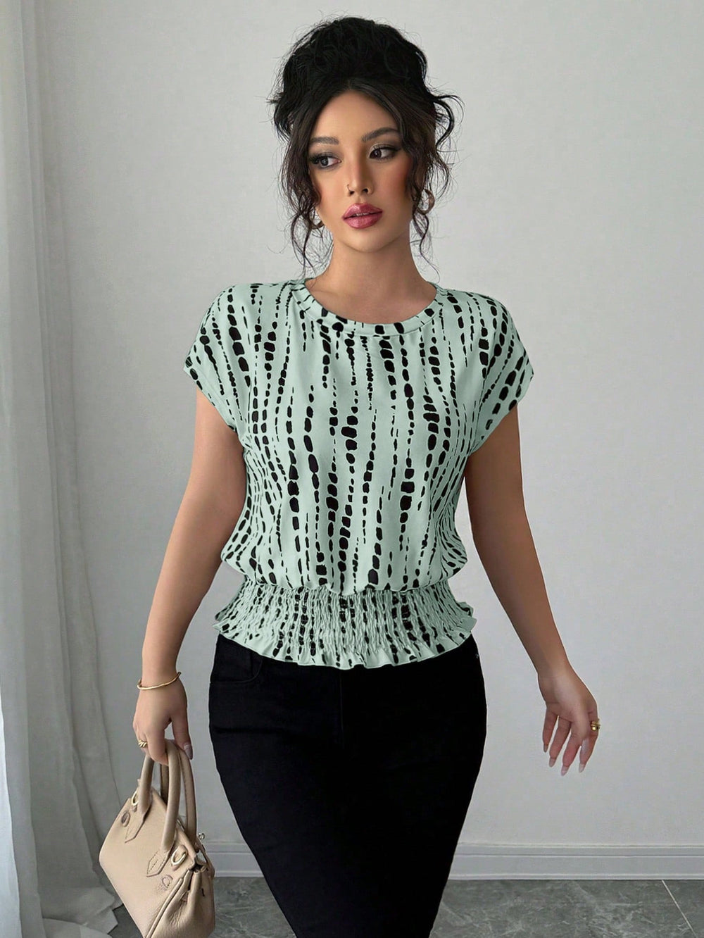 cross-border   independent station fashion women's summer short sleeve round neck elastic waist printing shirt