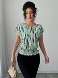 cross-border   independent station fashion women's summer short sleeve round neck elastic waist printing shirt