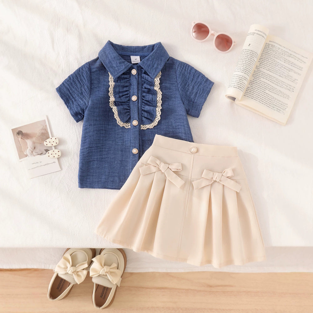 Girls' outfit set: new summer collection for cross-border e-commerce - preppy style lace-trimmed short-sleeve blouse with bow and pleated skirt