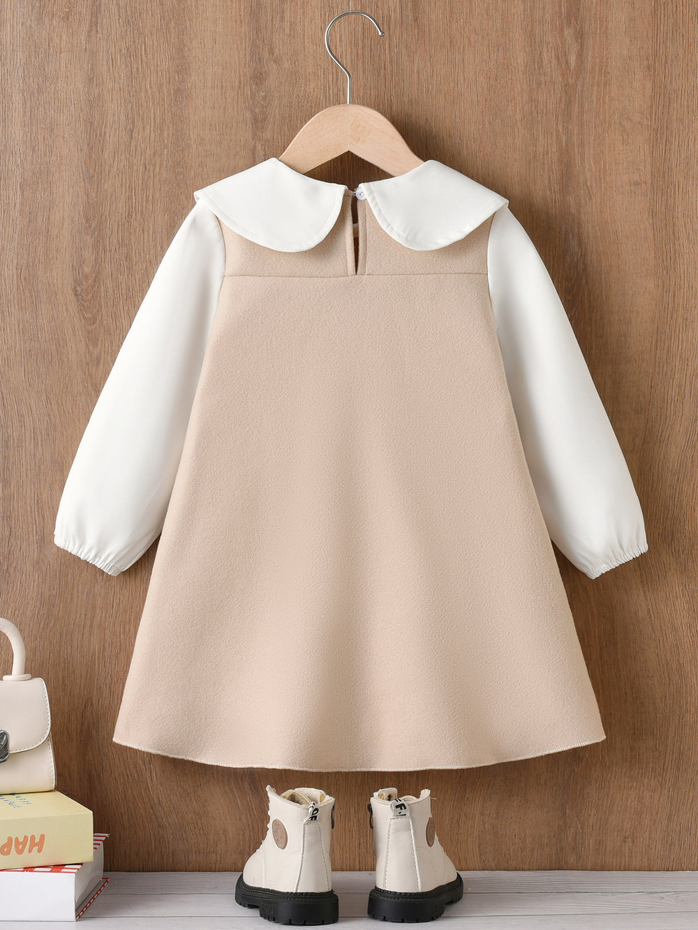 autumn girls' dress - khaki color block, peter pan collar shirt with bow tie, children's princess dress