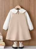 autumn girls' dress - khaki color block, peter pan collar shirt with bow tie, children's princess dress