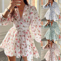 cross-border e-commerce women's fashion: european and american summer new arrivals - elegant and sweet printed v-neck lace mini dress