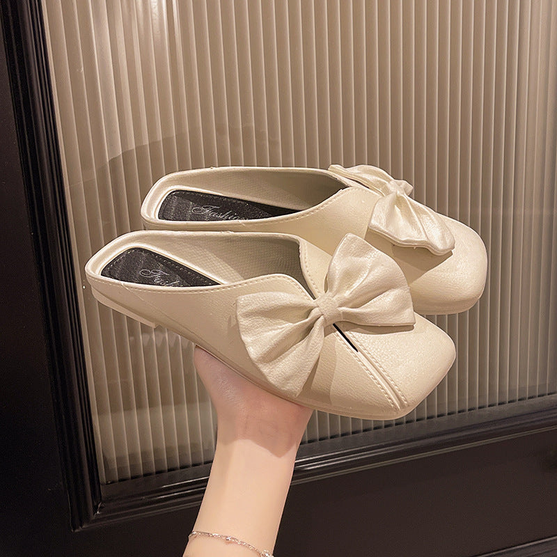 2025 new women's closed-toe slippers - summer outdoor wear, bow-embellished fashion sandals, trendy versatile flat half-slippers