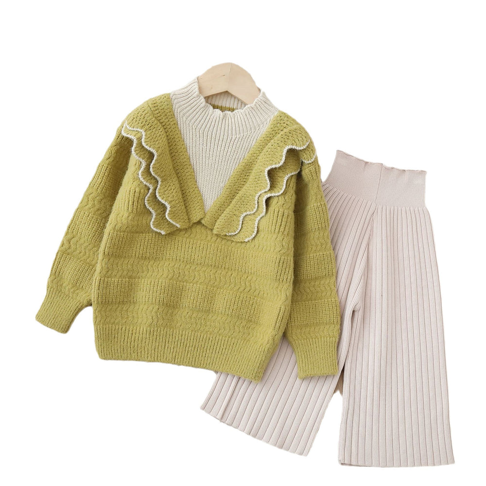 Girls' knitted sweater set, kids' two-piece outfit,  new style for baby girls ages 1-8, faux two-piece pullover set