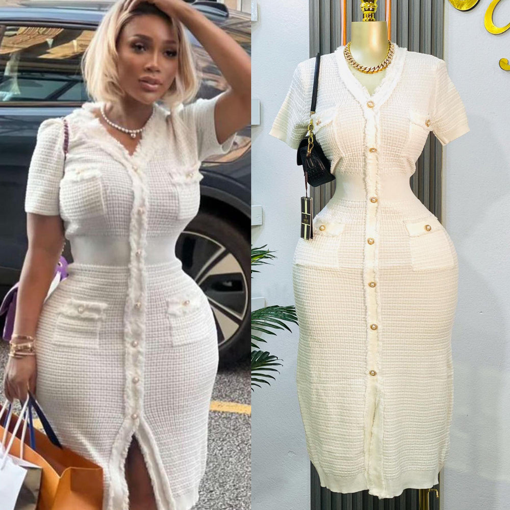 Exportnew arrival summerfrenchstyle short-sleeved waist silmv neckknittingdress women's volleyball button elegant skirt