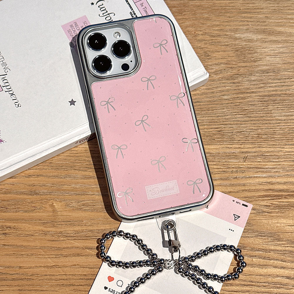 Bowknot pink iphone 16 pro max electroplated phone case, apple 15 silver edge epoxy 14 protective cover