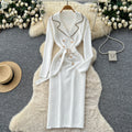 French chic color block double-breasted knit dress with tie waist and long sleeves - women's sweater maxi dress