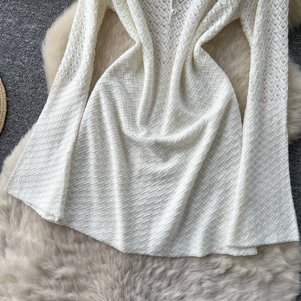 Korean style hollow-out knit crew neck dress - women's spring/summer long sleeve a-line dress - slim fit, commute-friendly, soft & elegant