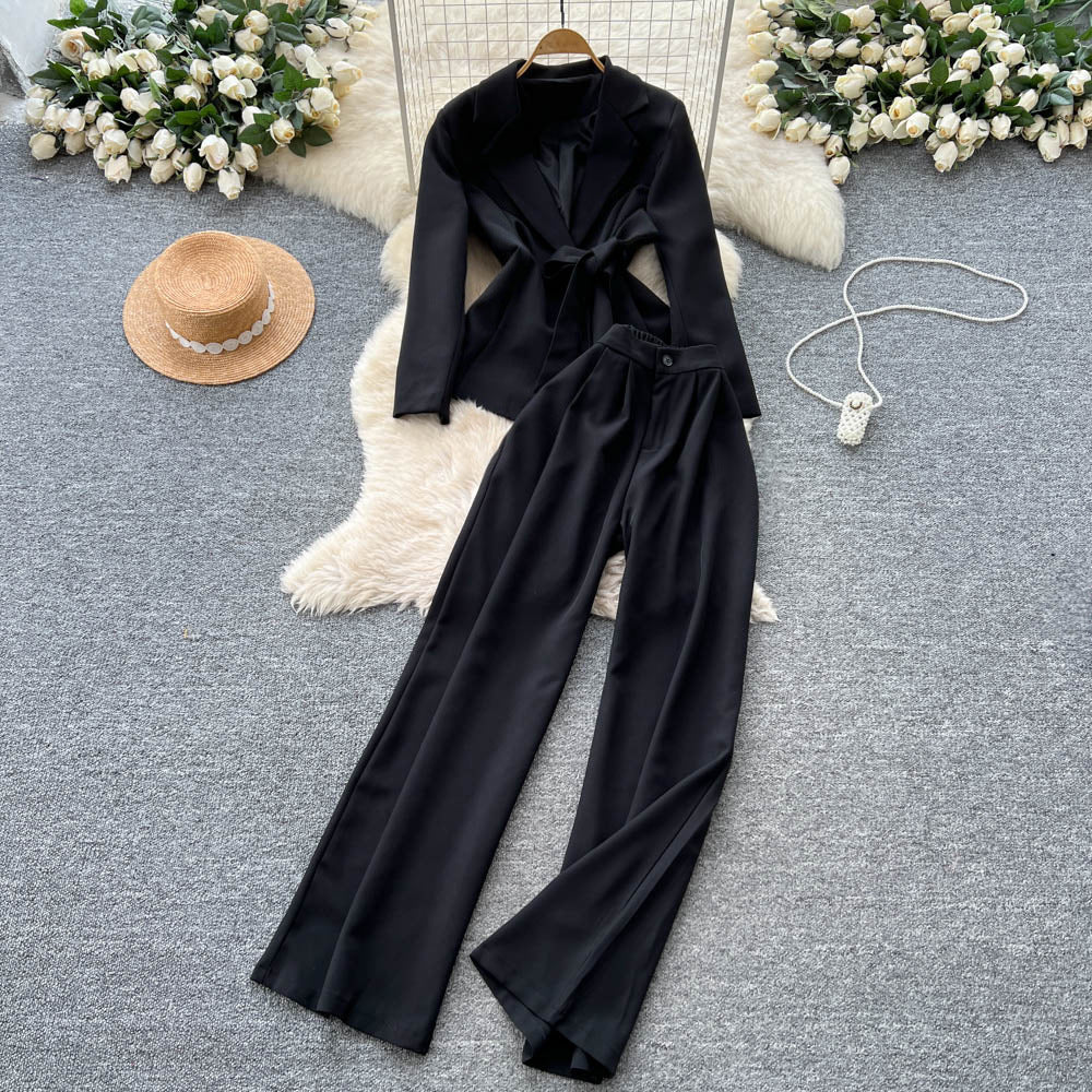 Work clothing professional young lady style suit women's autumtie back waist suit collar long sleevesoutwearhigh waistloose straight-leg pants