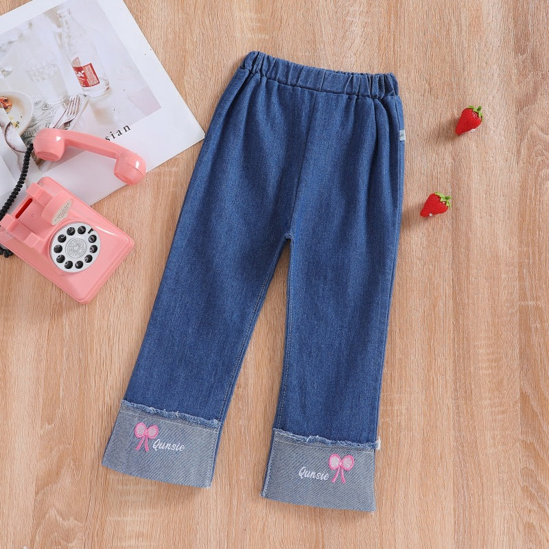 spring/autumn girls' casual embroidered denim fashion pants - korean style, trendy cartoon jeans for toddlers and children