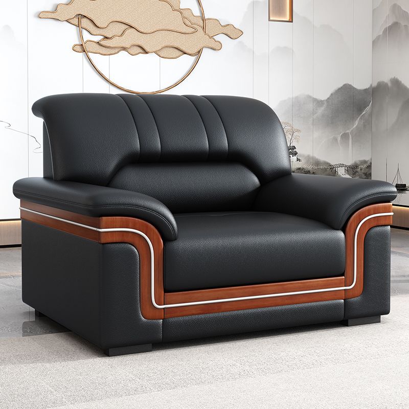 Office sofa solid wood coffee table combination set - genuine leather, minimalist modern style, 1+1+3 configuration for business reception and guest seating