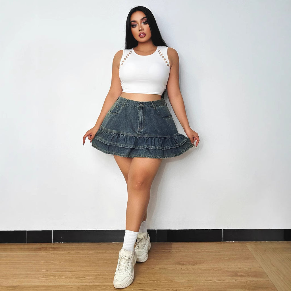 Cross-border ruffle edge a-word high-waisted denim skirt women's summer 2025 new Spice Girl fashion hip skirt