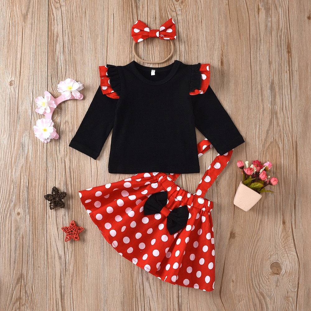 Best sellingpleated skirt kidsfall and winterlong sleeves cartoon polka dot suspender skirt children's clothing with hair tie 5t european and american girl suit