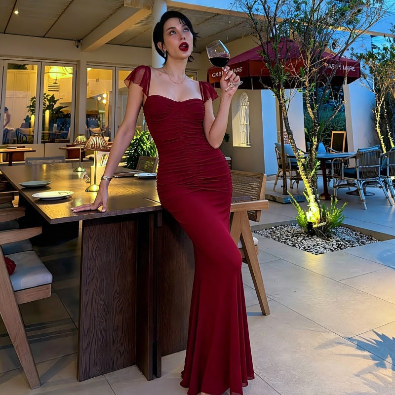 Amazon cross-border women's elegant solid color bandeau cami backless cinched waist ruched mesh mermaid dress