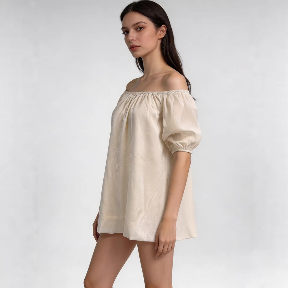 New arrival hot selling cross-border e-commerce european and american style women's fashion one-shoulder solid color puff sleeve short-sleeve dress wholesale
