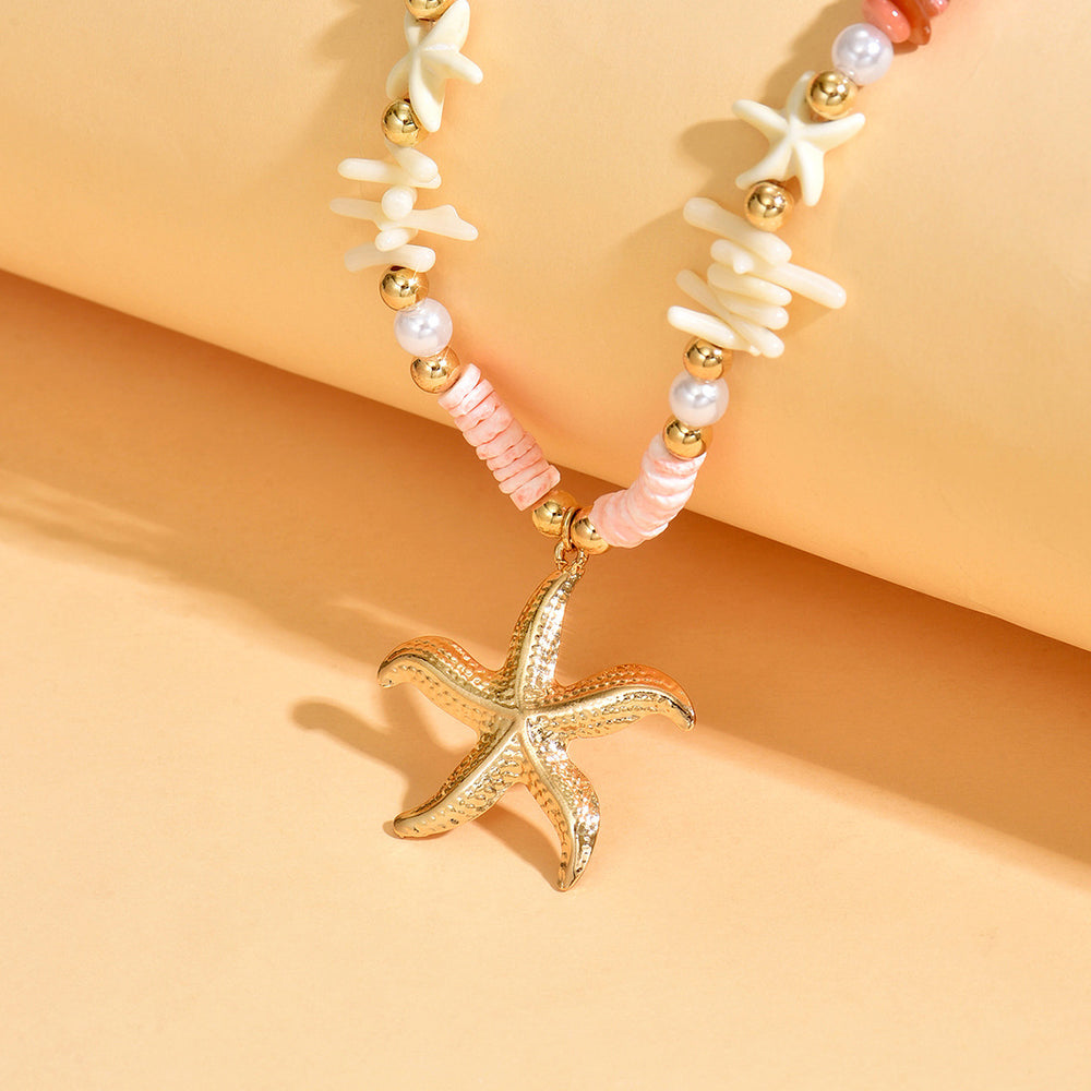 European and american cross-border seaside vacation style starfish and shell necklace - summer dopamine crushed stone ins handmade beaded necklace