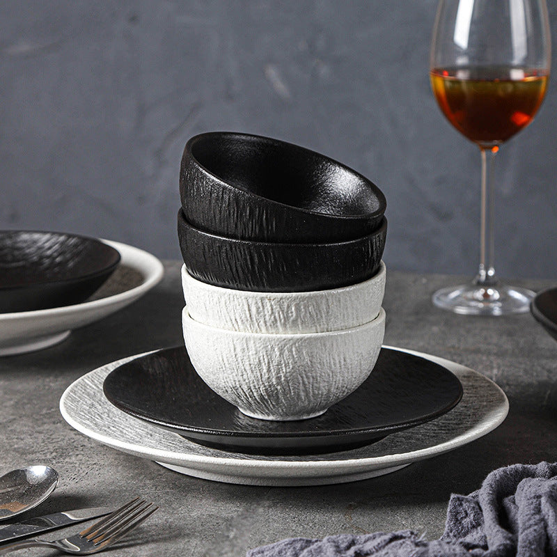 Vintage rock texture ceramic dinnerware set - soup plates, fish plates, steak plates, and vegetable plates - matte finish, high-end black and white dinnerware set