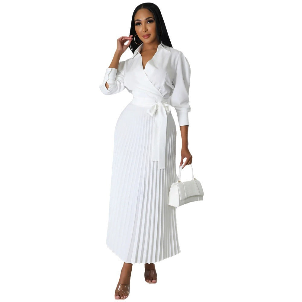 cross-border fashion: new ruched blouse sleeve v-neck, slim-fit, elegant pleated maxi dress for  us & europe