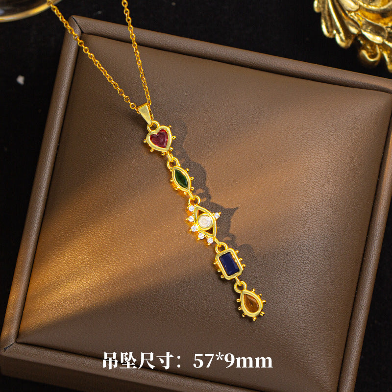 [titanium steel] fashion cross-border popular elegant square color zirconium necklace high-end personalized real zircon sweater chain jewelry