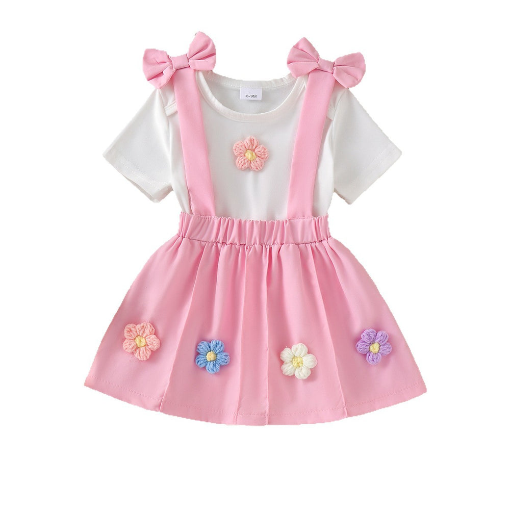 Children's clothing shein cross-border girl suitwhite short-sleeved t-shirt + pink suspender skirt
