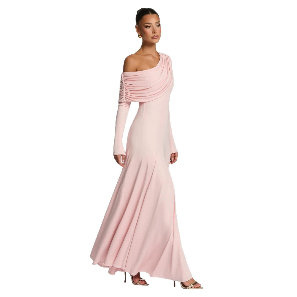 cross-border european and american style one-shoulder long sleeve ruffle neck pleated formal dress solid color slimming waist dress wholesale