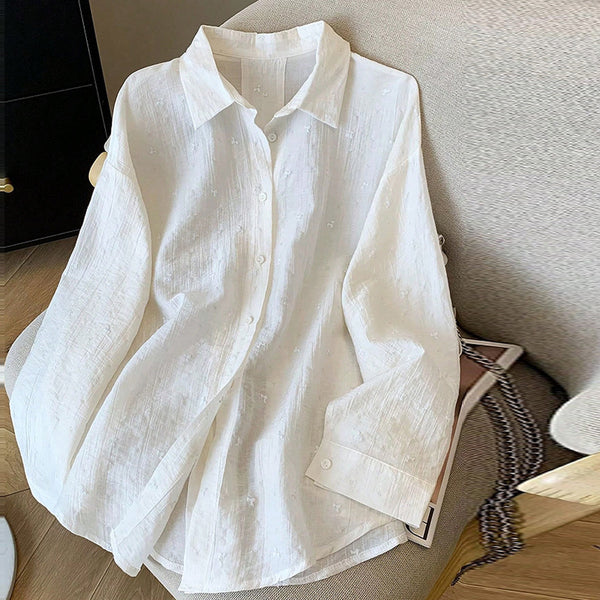 Ruimu   European and American temperament solid color crepe long-sleeved shirt 2025 autumn loose shirt cardigan women
