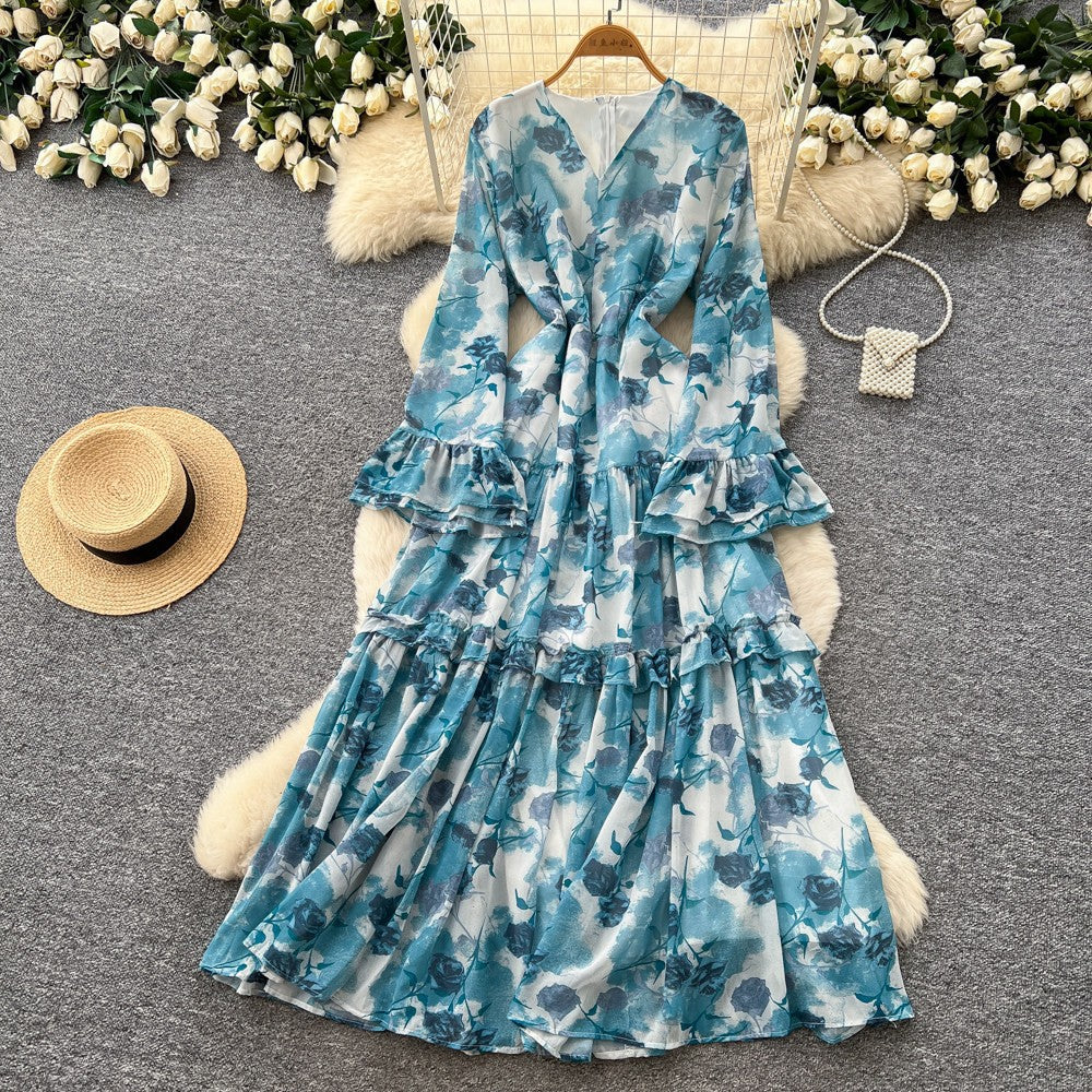 French riviera-inspired printed v-neck dress - women's long sleeve tie-waist maxi dress - slim fit, work-ready