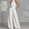 summer new women's clothing: cross-border  fashion - elegant solid color halter neck open back wide leg jumpsuit