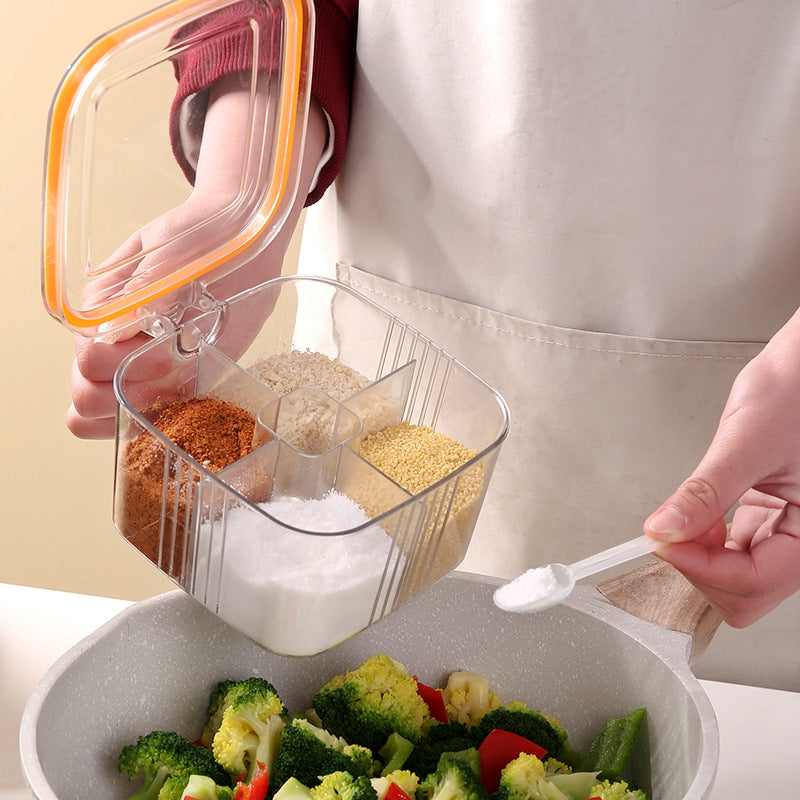 Transparent four-compartment spice box with spoons, creative flip-top kitchen seasoning container, plastic airtight jar, household seasoning bottle set