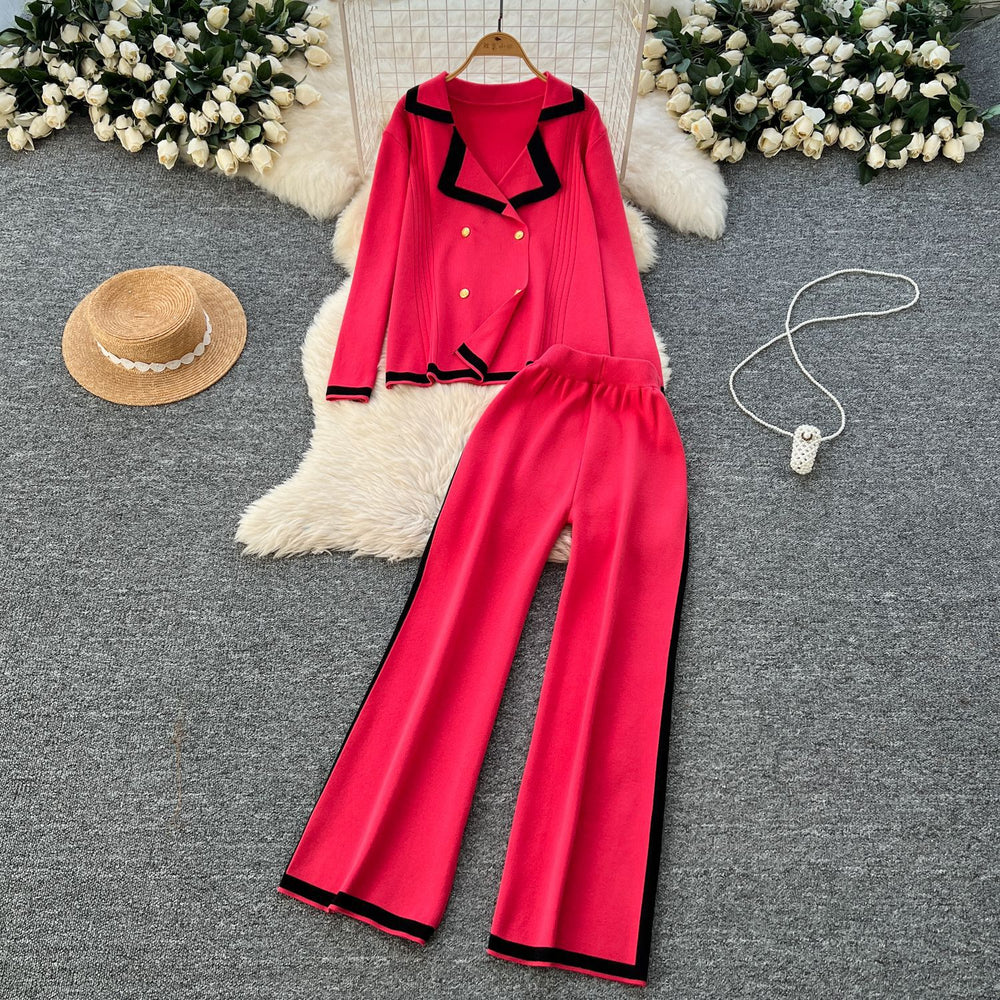 Fall and winter tweed style suit collar double-breasted long sleevesknittingtopshigh waistcontrast colorloose pants sweatertwo-piece set