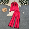 Fall and winter tweed style suit collar double-breasted long sleevesknittingtopshigh waistcontrast colorloose pants sweatertwo-piece set