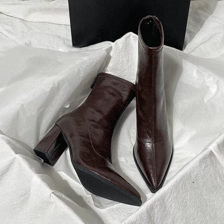 Women's ankle boots - high heel, spring/autumn  new collection, versatile french style, chunky heel, elastic pointed toe, slim fit - cross-border e-commerce