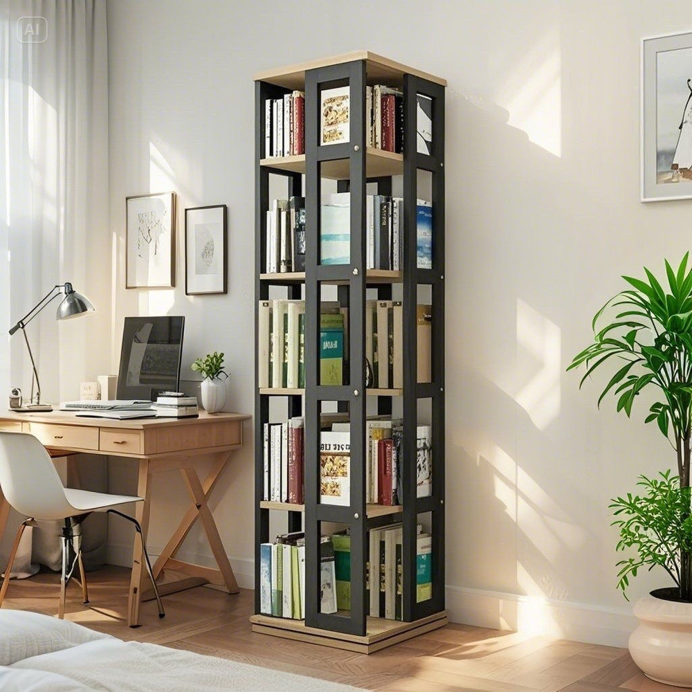 Rotating student bookshelf bookcase, mobile multi-tier kids storage floor rack, simple organizer, multifunctional living room shelf
