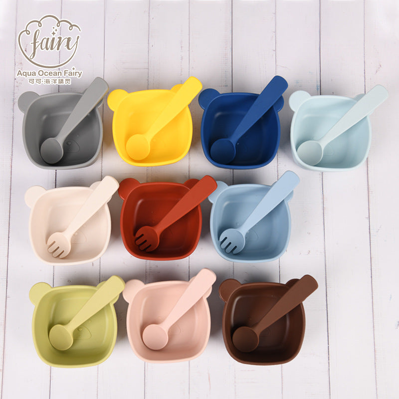 Cross-border bear training complementary food bowl children's silicone bowl feeding tableware 2-piece set with suction cup anti-drop feeding tableware