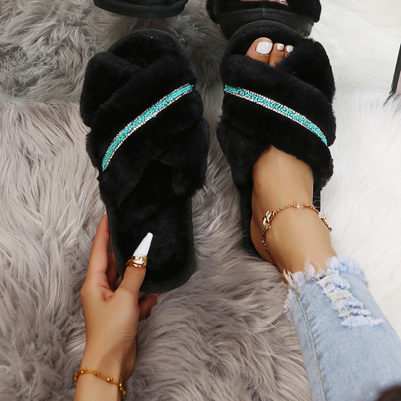 Exportplus size pearl fur slippers for women outwearfashion cross-border new arrivalflats home indoor cross cotton slippers for women