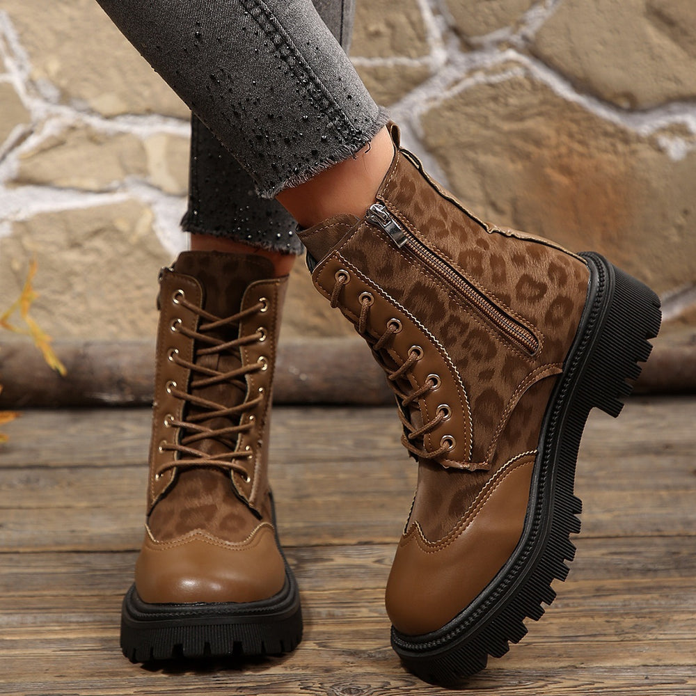autumn leopard print british style martin boots new women's thick sole round toe plus size retro side zipper short boots