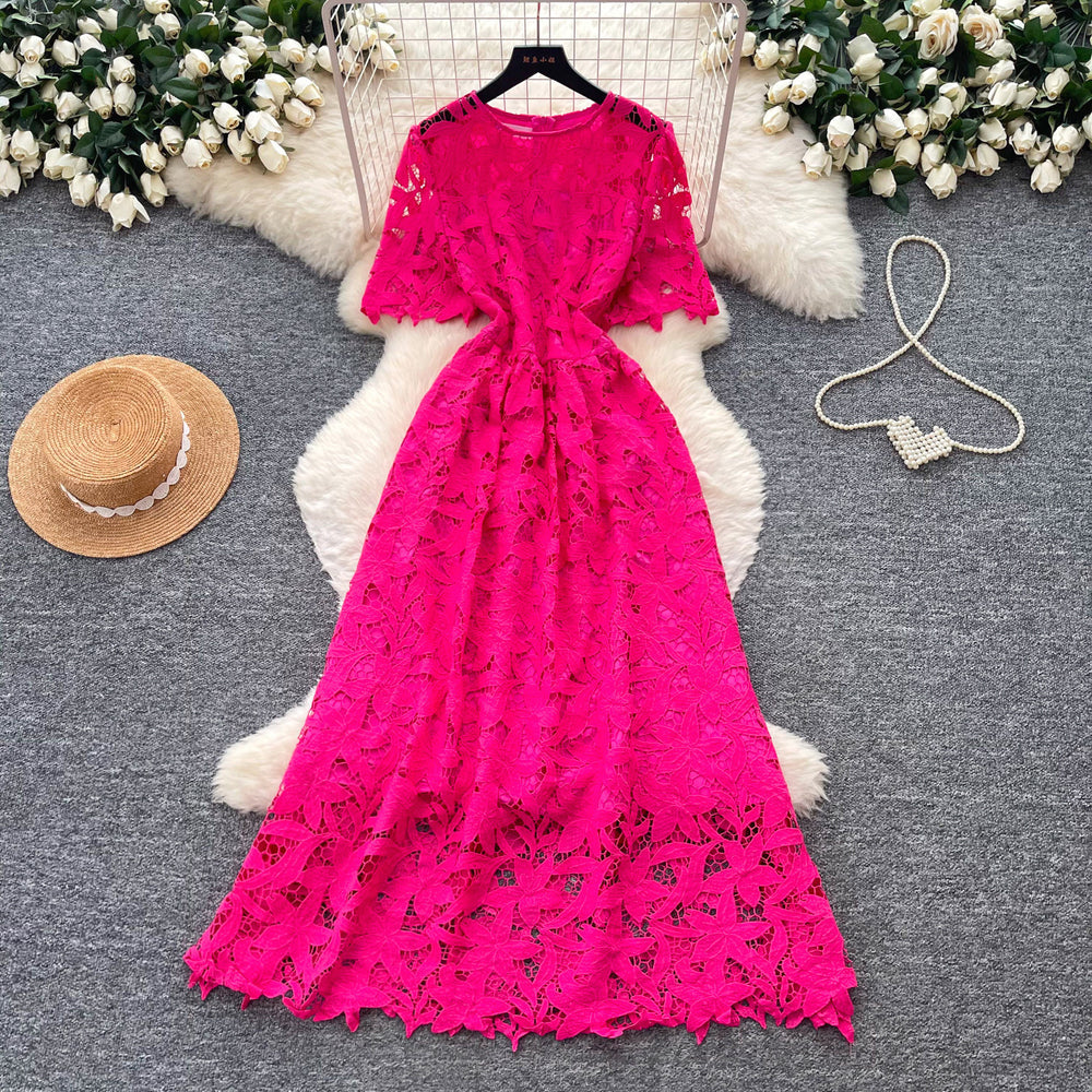 French style heavy lace cutout short sleeve dress - women's summer slimming a-line midi dress - elegant workwear