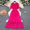 French style heavy lace cutout short sleeve dress - women's summer slimming a-line midi dress - elegant workwear