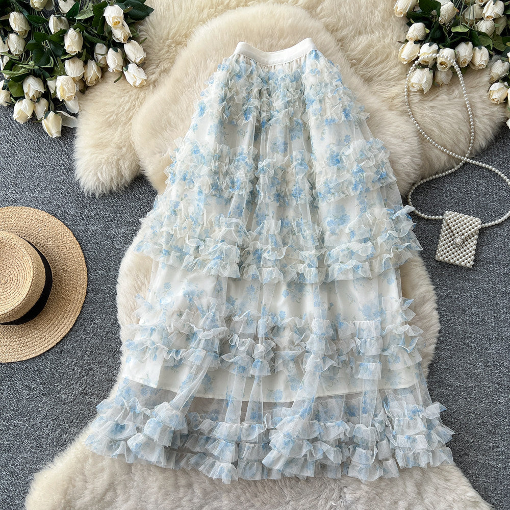 Fairy wind 3d floral mesh midi skirt - women's summer high-waisted a-line skirt - french chic, soft & versatile tulle skirt