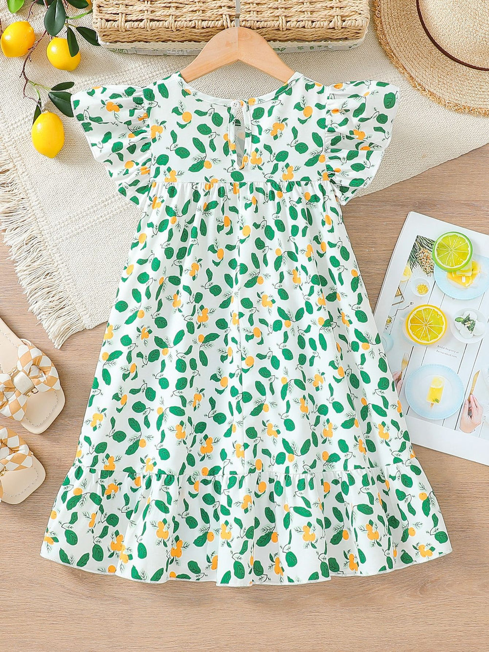 girls' dress - flutter sleeve sundress with lemon print - summer vacation style - chic a-line maxi dress for kids