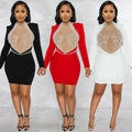 X5681  fashion sexy nightclub rhinestone mesh see-through beaded backless long sleeve midi dress for women