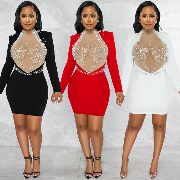 X5681  Fashion Sexy Nightclub Hot Diamond Mesh Perspective Bubble Bead Backless Long Sleeve Medium Dress Women